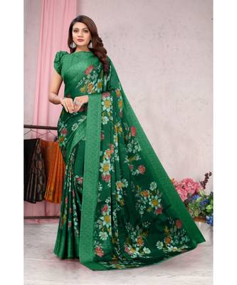 Sourbh Fashion Dark Green Color Chiffon Fabric Flower Printed With Unstitched Blouse Piece 1