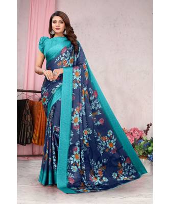 Sourbh Fashion Dark Blue Color Chiffon Fabric Flower Printed With Unstitched Blouse Piece 1
