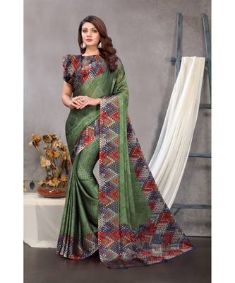 Sourbh Fashion Olive Green Color Chiffon Fabric Polka Dot Printed With Unstitched Blouse Piece 1