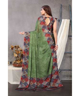 Sourbh Fashion Olive Green Color Chiffon Fabric Polka Dot Printed With Unstitched Blouse Piece 2