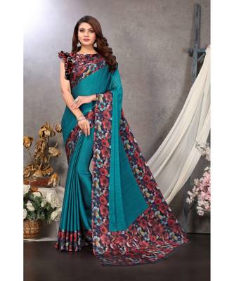 Sourbh Fashion Turquoise Color Chiffon Fabric Flower Printed With Unstitched Blouse Piece 1