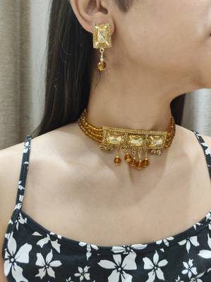 Gold Copper Antique Gold Plated Studded Jewellery Choker Necklace Set 1