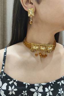 Gold Copper Antique Gold Plated Studded Jewellery Choker Necklace Set