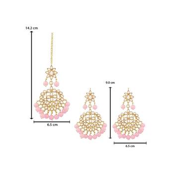 Traditional Pink Pearl And Kundan Maang Tikka With Earring Set For Women 4