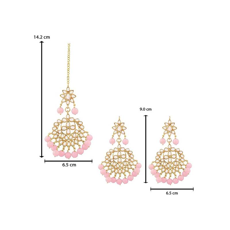Traditional Pink Pearl And Kundan Maang Tikka With Earring Set For Women