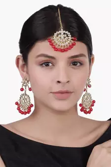 Traditional Gold Plated Pearl & Kundan Maang Tikka With Earring Set