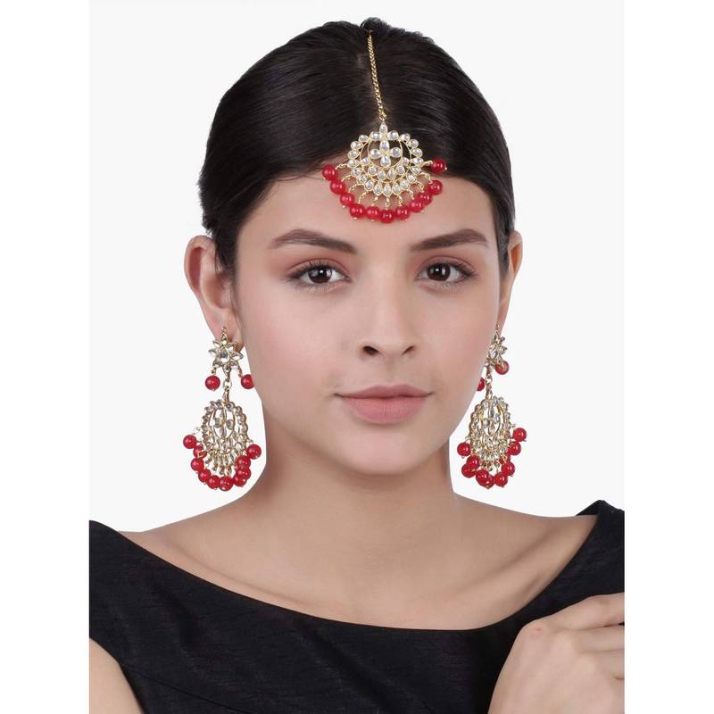 Traditional Gold Plated Pearl & Kundan Maang Tikka With Earring Set