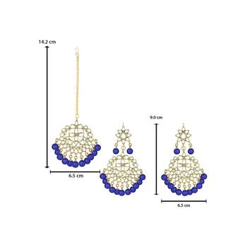 Traditional Pearl And Blue Kundan Maang Tikka With Earring Set For Women 6