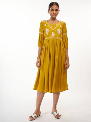 Yellow printed rayon party-wear-kurtis 1