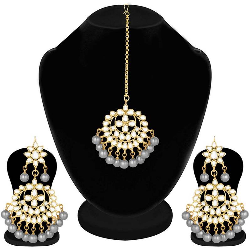 Traditional Gold Plated Pearl & Kundan Maang Tikka With Earring Set