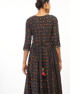 Dark-blue printed rayon party-wear-kurtis 3