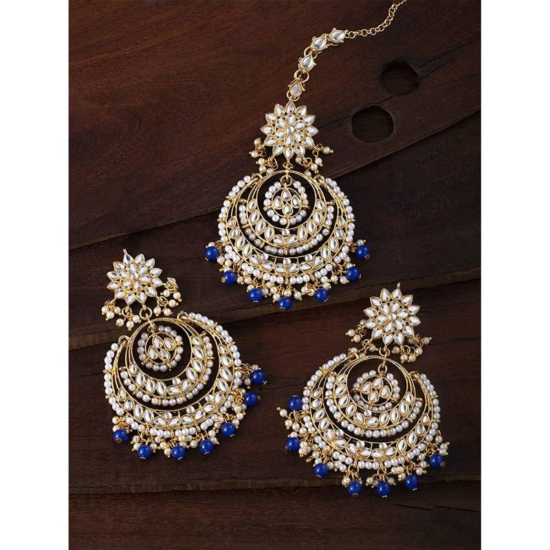 Traditional Gold Plated Wedding Chandbali Kundan & Pearl Earring Set With Maang Tikka for Women