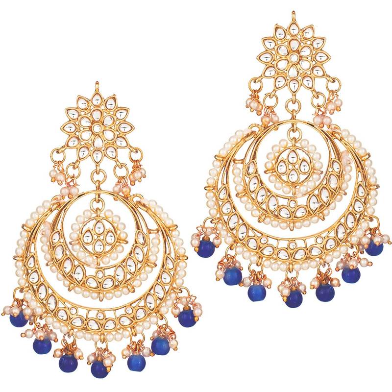 Traditional Gold Plated Wedding Chandbali Kundan & Pearl Earring Set With Maang Tikka for Women