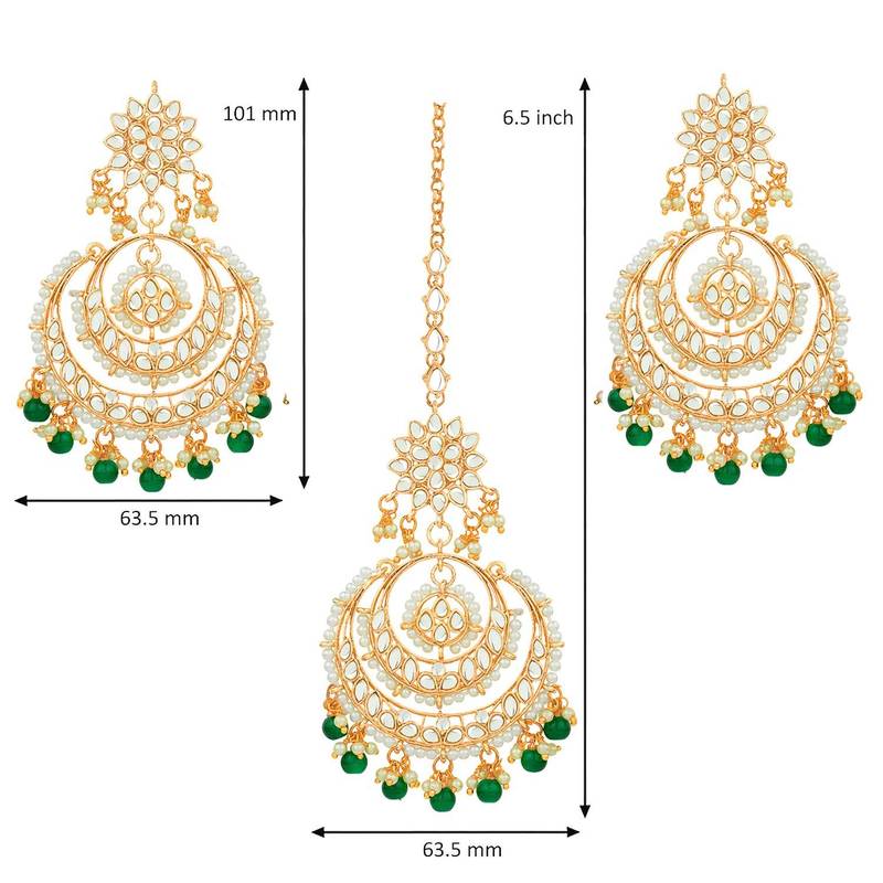 Traditional Gold Plated Wedding Chandbali Kundan & Pearl Earring Set With Maang Tikka for Women