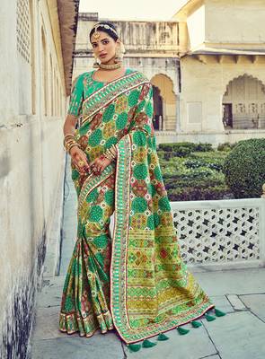   sea green embroidered silk saree with blouse 1