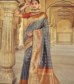   navy blue embroidered silk saree with blouse