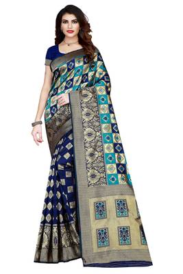 Woven Silk blend chokda Pattern blue color saree With blouse 1
