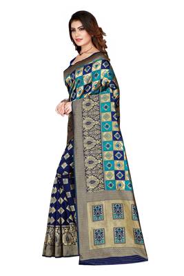 Woven Silk blend chokda Pattern blue color saree With blouse 2