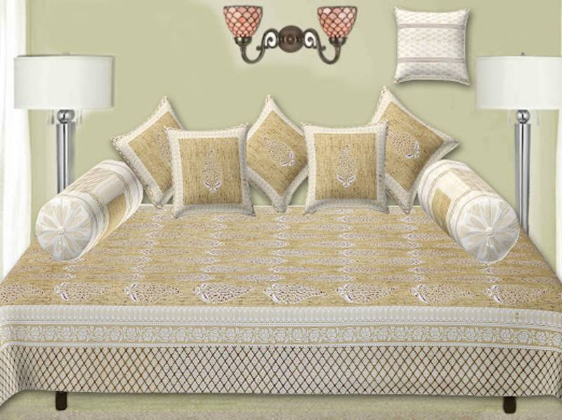 Vastravilla Cotton Diwan Set Including 1 Bedsheet, 5 Cushion Covers & 2 Bolster Covers