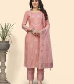 Vbuyz Women'S Embroidered Straight Rayon Light Pink Stitched Kurta Pant With Dupatta