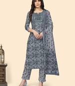 Vbuyz Women'S Print & Embroidered Straight Cotton Grey Stitched Kurta Pant With Dupatta