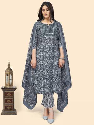 Vbuyz Women'S Print & Embroidered Straight Cotton Grey Stitched Kurta Pant With Dupatta 2