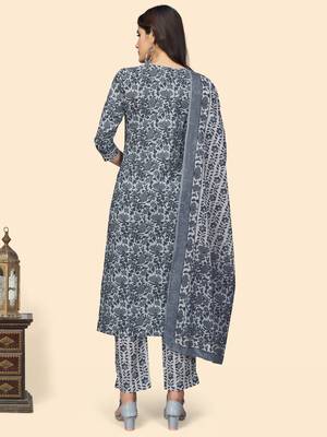 Vbuyz Women'S Print & Embroidered Straight Cotton Grey Stitched Kurta Pant With Dupatta 3