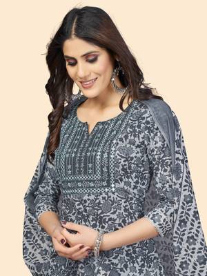 Vbuyz Women'S Print & Embroidered Straight Cotton Grey Stitched Kurta Pant With Dupatta 6
