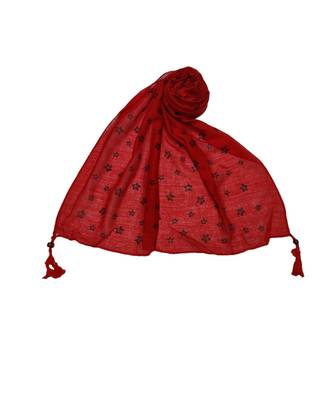 Soft Cotton Stole with Digital Star print and Bead Fringes  Cherry Red 2