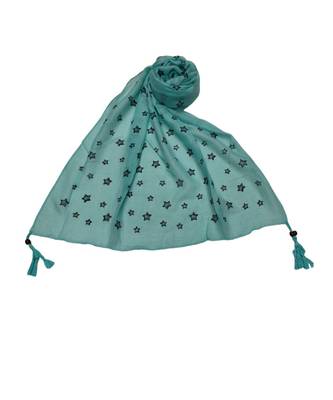 Soft Cotton Stole with Digital Star print and Bead Fringes  Sea Green 2