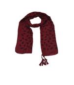 Cotton Stole with Black Coloured Leaves Print and Bead Fringes  Maroon
