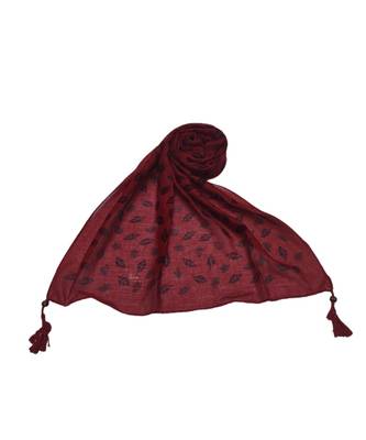 Cotton Stole with Black Coloured Leaves Print and Bead Fringes  Maroon 3