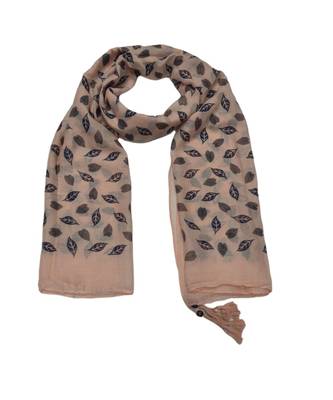Cotton Stole with Black Coloured Leaves Print and Bead Fringes  Light Orange 1