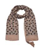 Cotton Stole with Black Coloured Leaves Print and Bead Fringes  Light Orange