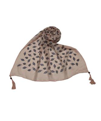 Cotton Stole with Black Coloured Leaves Print and Bead Fringes  Light Orange 2