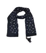 Cotton Stole with White Coloured Leaves Print and Bead Fringes  Black