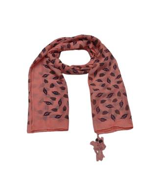 Cotton Stole with Black Coloured Leaves Print and Bead Fringes  Orange 1