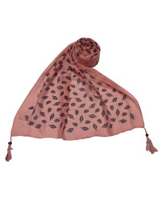 Cotton Stole with Black Coloured Leaves Print and Bead Fringes  Orange 3