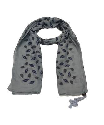 Cotton Stole with Black Coloured Leaves Print and Bead Fringes  Grey 1