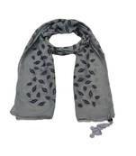 Cotton Stole with Black Coloured Leaves Print and Bead Fringes  Grey
