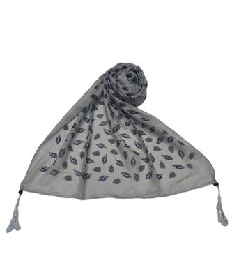 Cotton Stole with Black Coloured Leaves Print and Bead Fringes  Grey 3