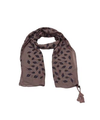 Cotton Stole with Black Coloured Leaves Print and Bead Fringes  Purple 1