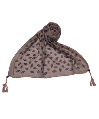 Cotton Stole with Black Coloured Leaves Print and Bead Fringes  Purple 2