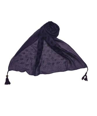 Cotton Stole with Black Coloured Leaves Print and Bead Fringes  Violet 2