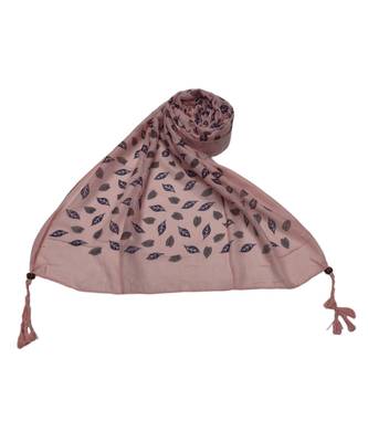 Cotton Stole with Black Coloured Leaves Print and Bead Fringes  Pink 3