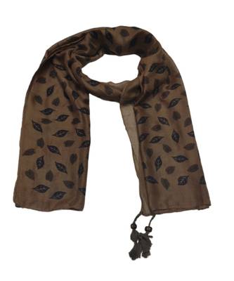 Cotton Stole with Black Coloured Leaves Print and Bead Fringes  Brown 1