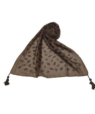 Cotton Stole with Black Coloured Leaves Print and Bead Fringes  Brown 3