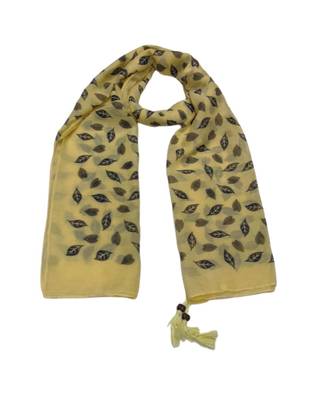Cotton Stole with Black Coloured Leaves Print and Bead Fringes  Yellow 1