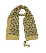Cotton Stole with Black Coloured Leaves Print and Bead Fringes  Yellow