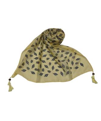 Cotton Stole with Black Coloured Leaves Print and Bead Fringes  Yellow 3